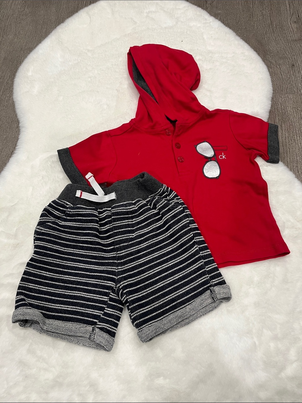 Calvin Klein Jeans Red Hooded Tee with Black & White Striped Shorts